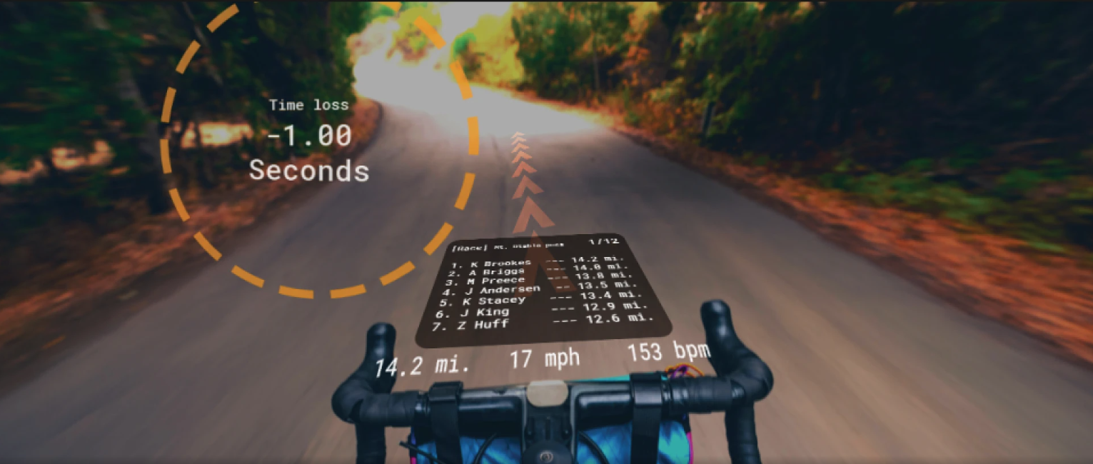 AR fitness app heads-up display mockup during a cycling workout