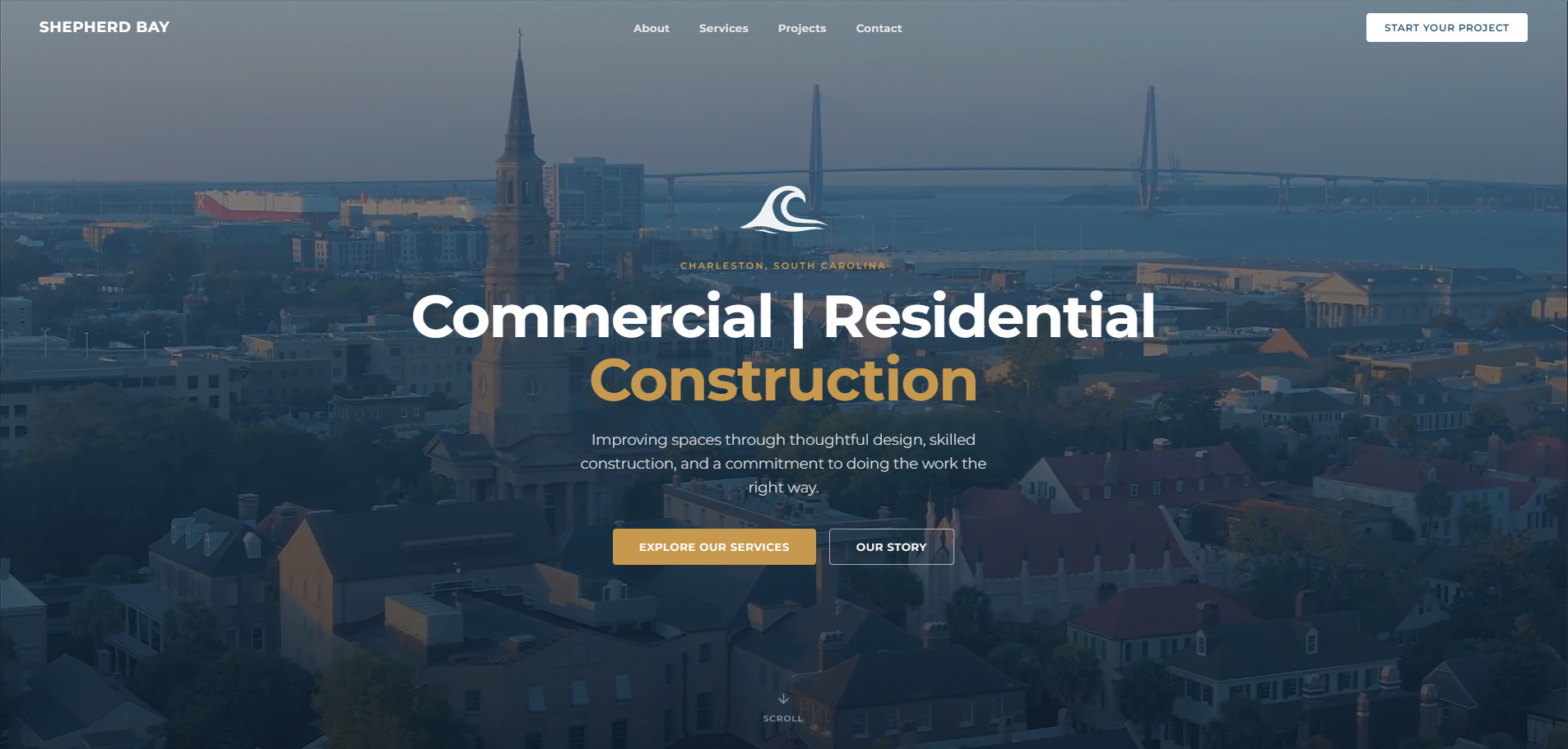 Shepherd Bay homepage hero over an aerial view of Charleston, SC